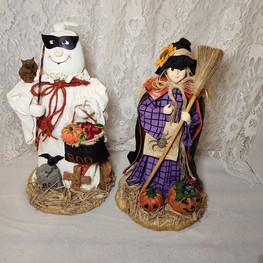 Halloween Fabric Mache Ghost‎ and Witch 13"  Preowned With Box Halloween Decor